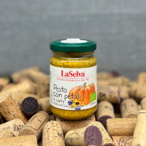 Pesto con Petali LaSelva, Bioagricola La Selva, Kürbis Würzpaste Curry Blüten, Bio Feinkost Toskana Italien, Kürbis Aufstrich Brot Apéro