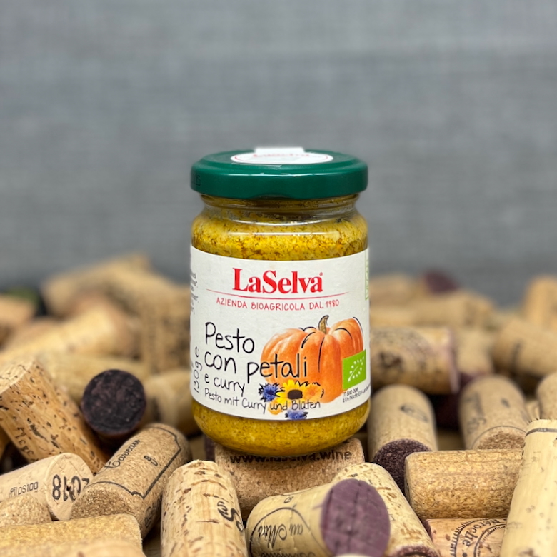 Pesto con Petali LaSelva, Bioagricola La Selva, Kürbis Würzpaste Curry Blüten, Bio Feinkost Toskana Italien, Kürbis Aufstrich Brot Apéro